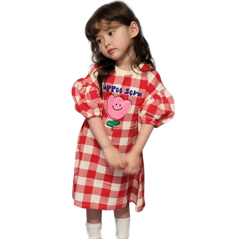 Girls Summer Plaid Dress Floral Short Puff Sleeve Beach Sundress