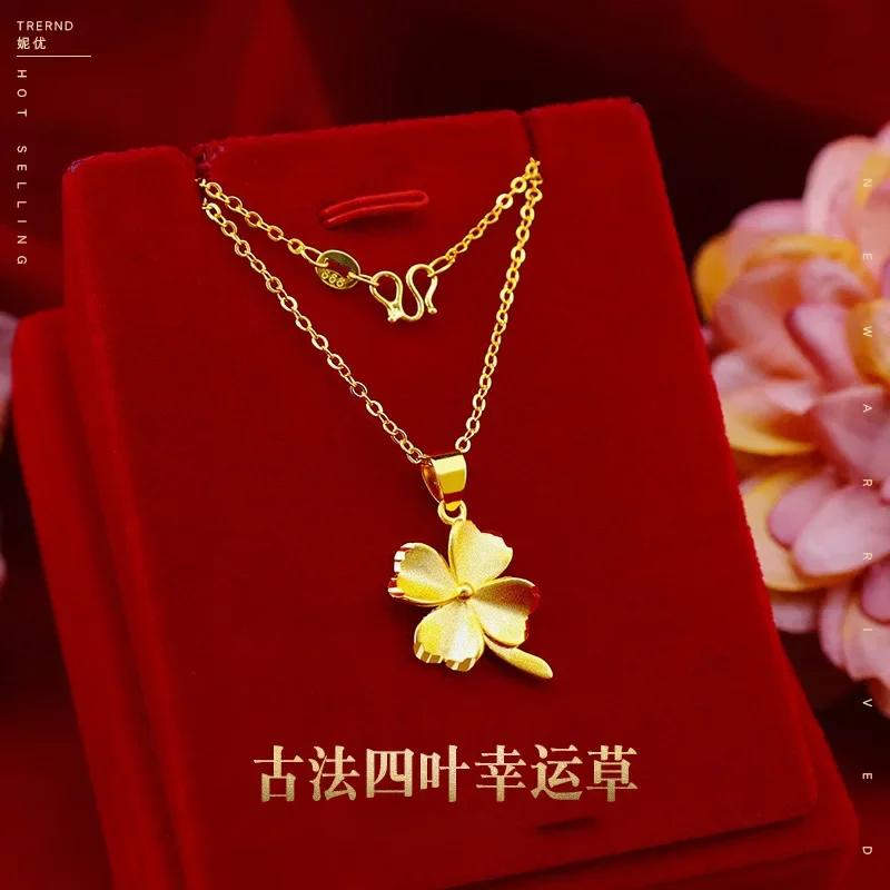 

9999 Real Gold 24K Women's Four Leaf Clover Necklace Ancient Four Leaf Lucky Clover Pendant