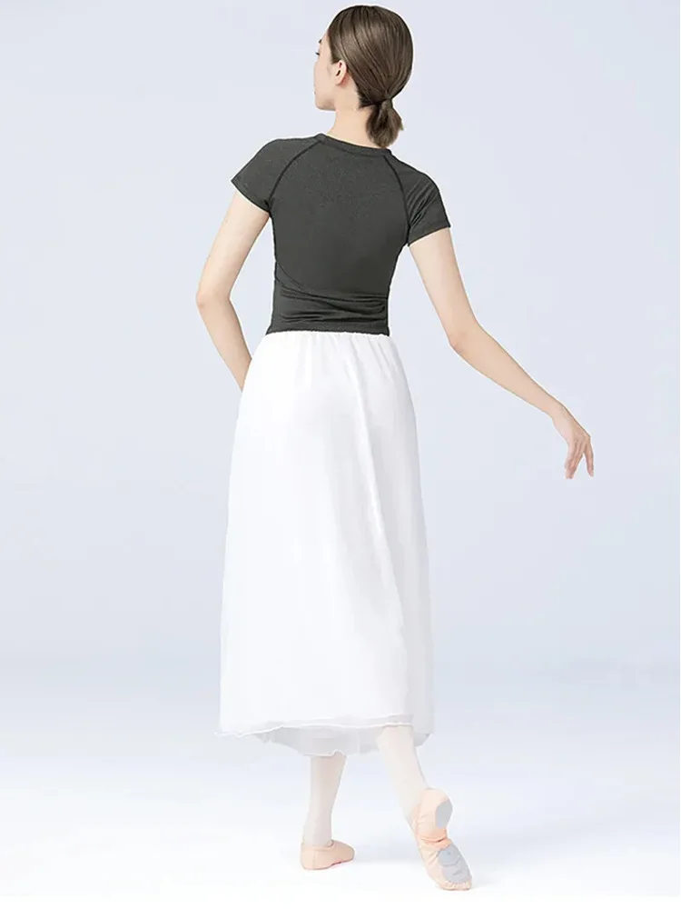 Solid Color Drawstring Slim Fit Ballet Top – Short Sleeve Round Neck Dance Shirt for Women Performance Practice