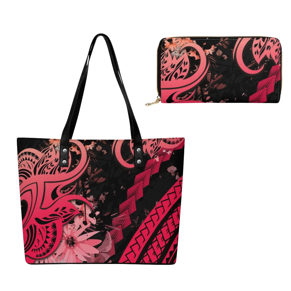

Polynesian Custom Hibiscus Print Leather Handbag Wallet Duo Womens Casual Spacious Tote Chic Design Lightweight
