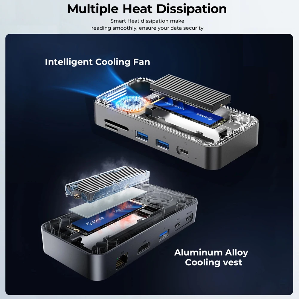 ORICO USB C HDD stasiun Dok dengan kipas pendingin M.2 NVMe SATA SSD penutup 10Gbps PD100W RJ45 SD/TF 4K untuk Laptop Macbook Pro