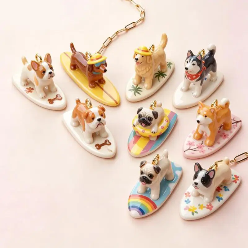 Beach Surfing Dog Pendant Golden Dachshund Corgi Charm Handmade DIY Jewelry for Christmas Stocking Stuffer Small Gifts