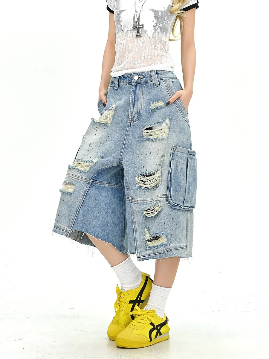 

American Street Sle Women's Denim orts Summer New Loose BF Wide Leg Seven Parts Pants Casual Wear Resistant Zipper Closure