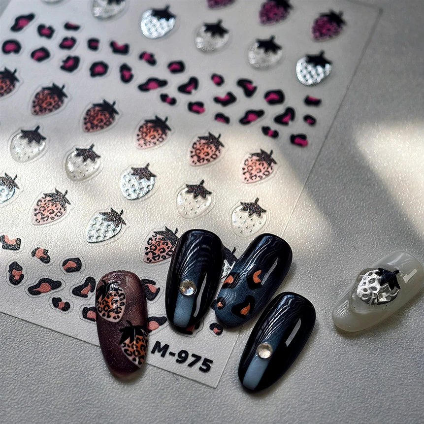

Pink Transparent Strawberry Leopard Print Metal Silver Fruit Lovely Self Adhesive Nail Art Stickers 5D Manicure Decals Wholesale
