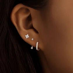 LENNIK 925 Sterling Silver 3PCS Women's Zircon Earrings Flower Shaped Simple Fashionable Earring Wedding Parties Jewelry Gifts