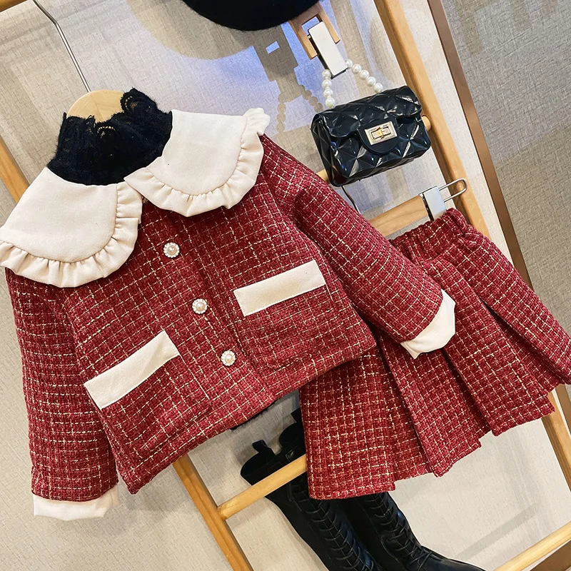 2024Girl Thickened Korean Style Red Grid Princess Style Woolen Two-Piece Suit