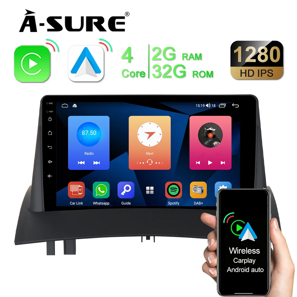 A-Sure 2 Din 9 Inch Android 10 Car Radio Stereo Wireless CarPlay 4-Core WIFI DSP GPS Navigation For Renault Megane 2 2002-2008