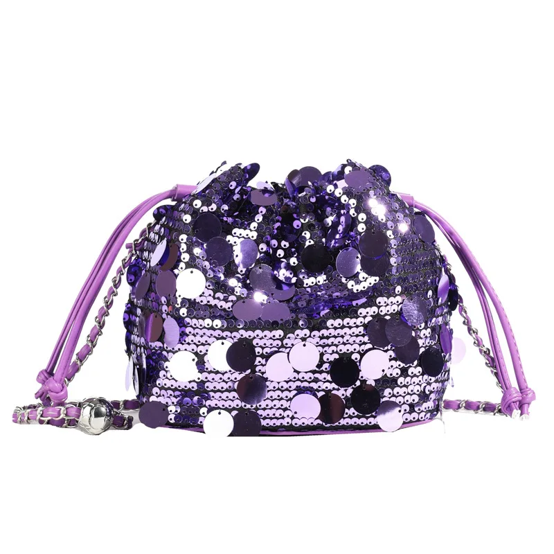 Women's Fashionable Elegant Chain Bucket Bag with Flower Embroidery Sequins Contrasting Colors Stylish Handbag