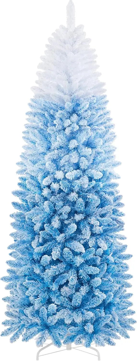 

7.5Ft Prelit Slim Artificial Christmas Tree, Flocked Pencil Xmas Tree with Lights, Realistic Branches & Metal Stand, Lak