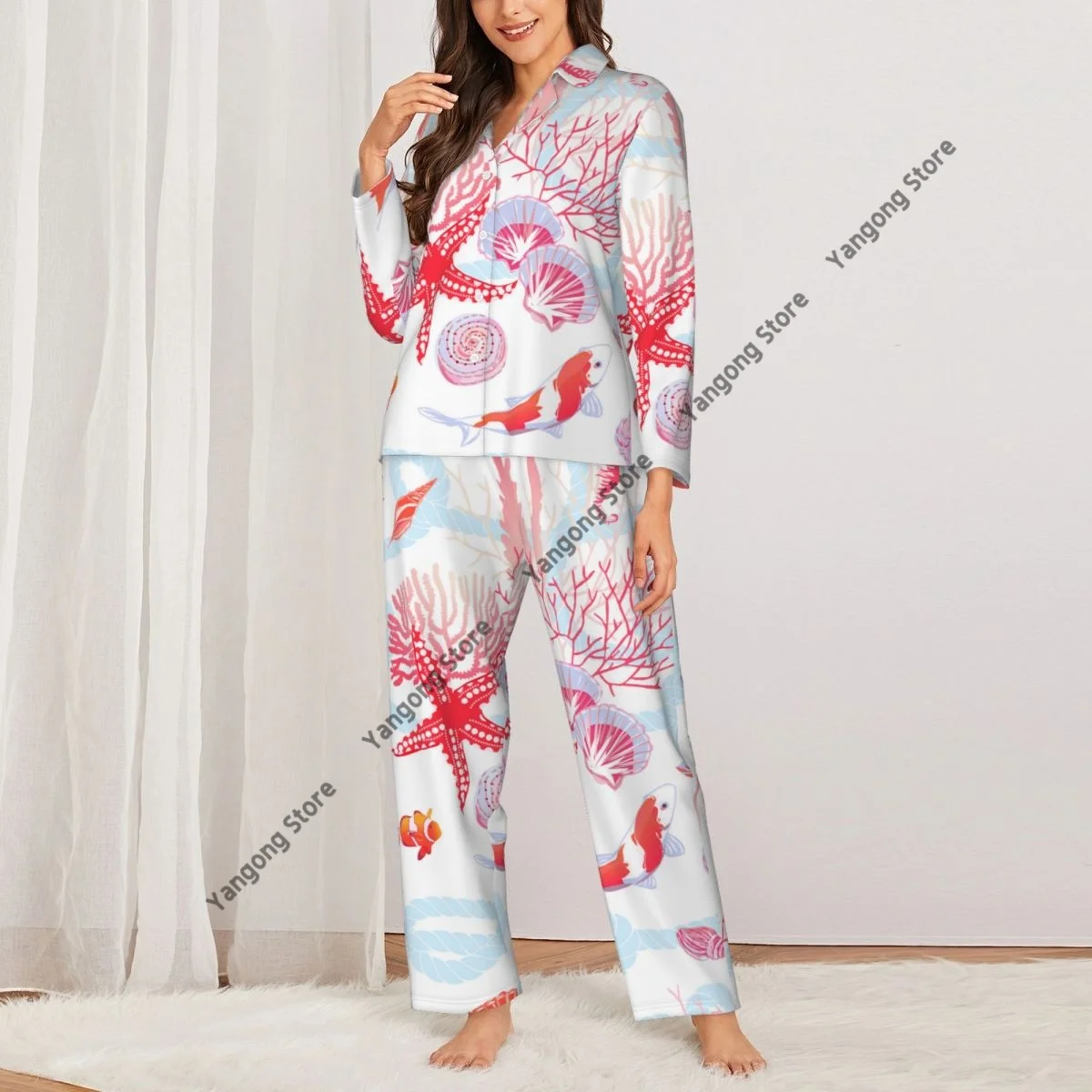 Spring and Autumn Pajama Set Women's Long Sleeve Pants Two Piece Sea Fishes Star Shells Seahorse Algae Home Furnishing Set