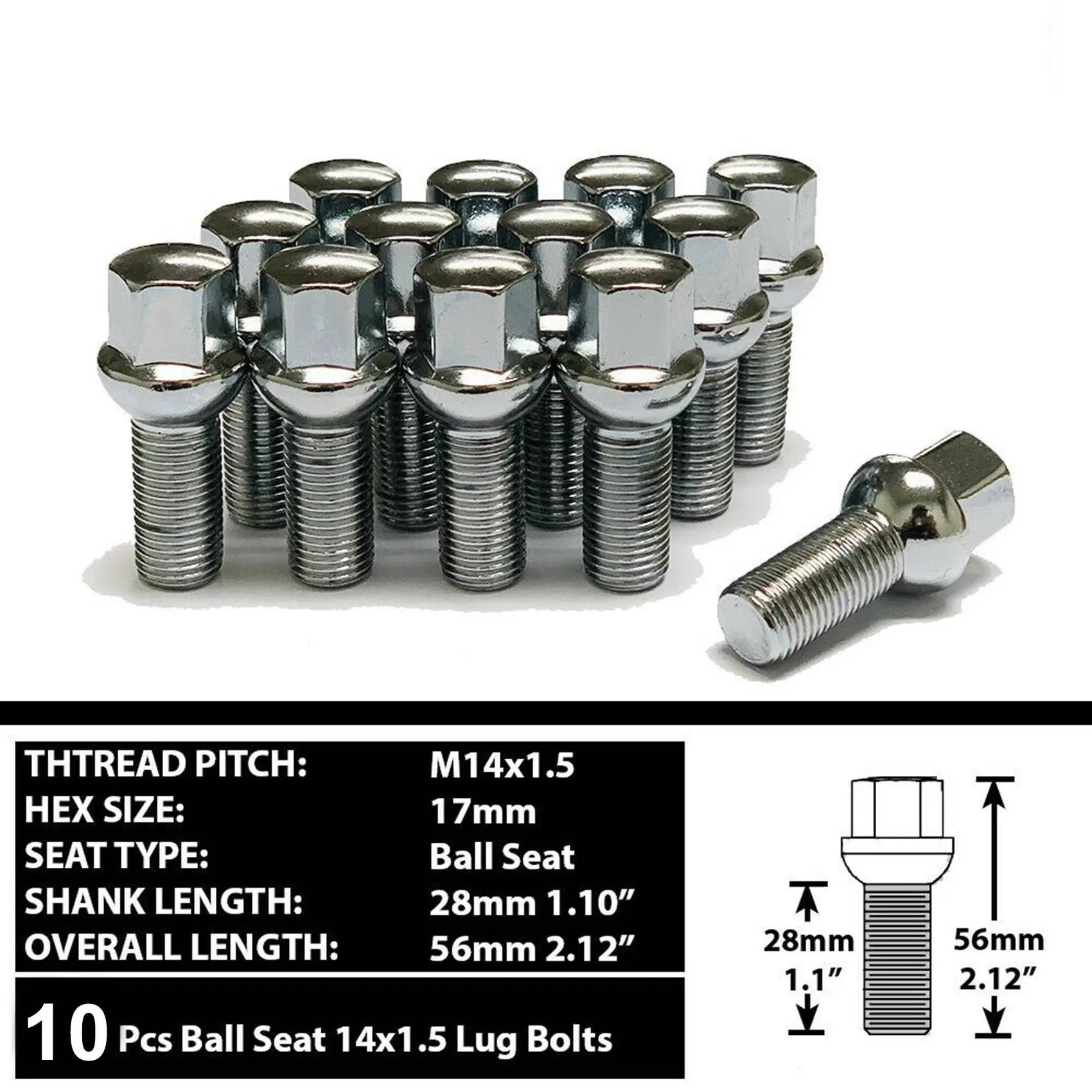 10 Pcs Chrome M14X1.5 Wheel Ball Seat Lug Bolt Nuts 28mm Shank for -Audi & -Porsche & Golf Jetta Passat Tiguan & More