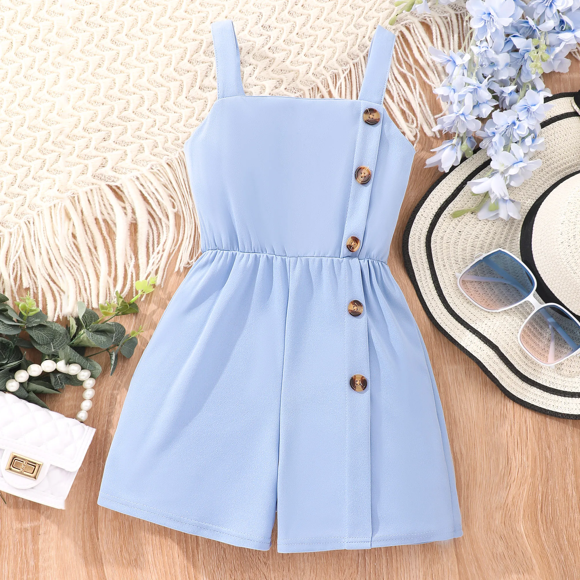 Girls Casual Solid Button Decor Sleeveless Jumpsuit Romper For Summer Gift