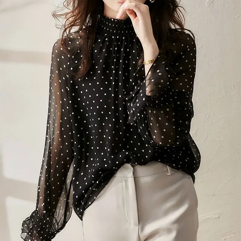 Office Lady Stand Collar Stylish Shirring Blouse Female Clothing Polka Dot Printed Spring Autumn Chic Pearl Button Korean Shirt