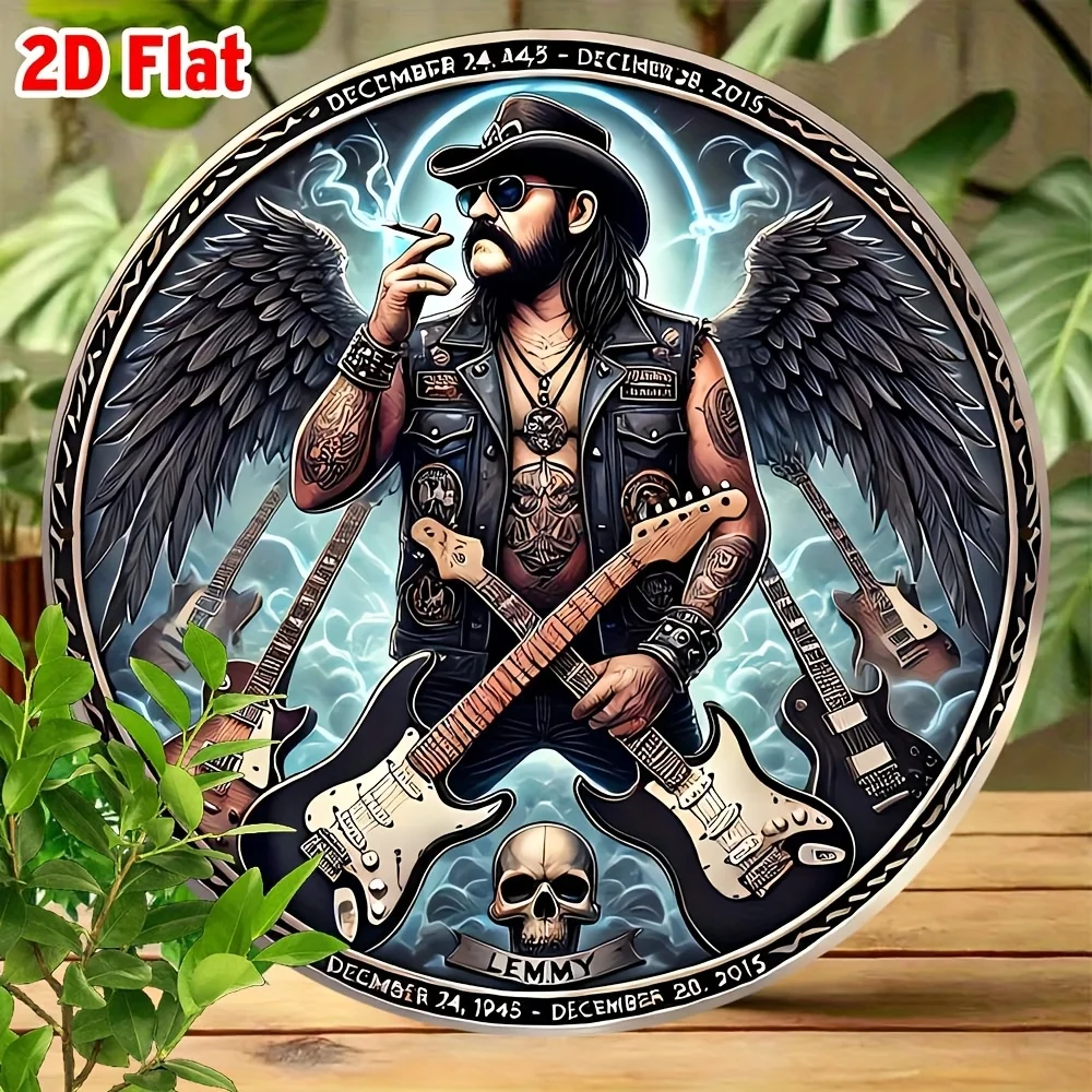2D plat-1pc Lemmy Kilmister bande mur Art signe en étain-8x8 pouces décor rond en aluminium avec guitariste ailé et motif de crâne, durable