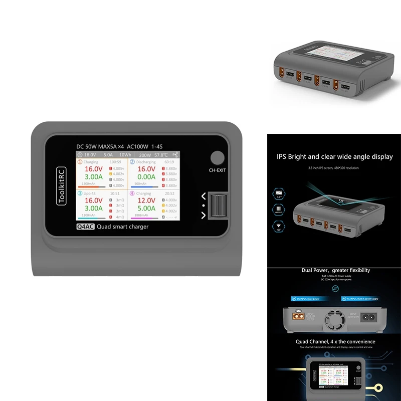 Toolkitrc Q4AC Smart Balance Charger AC100W 4 Port Smart Charger XT60 To XT30 For 1-4S Lipo Battery FPV Racing Drone US Plug