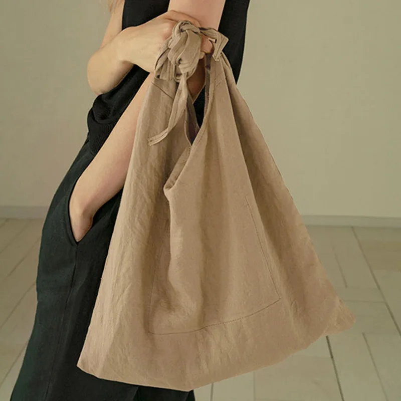 Casual Cotton Linen Shopping Bags For Women Bandage Lace Up Reusable Sundries Bags Foldable Travel Beach Shoulder Large Handbags