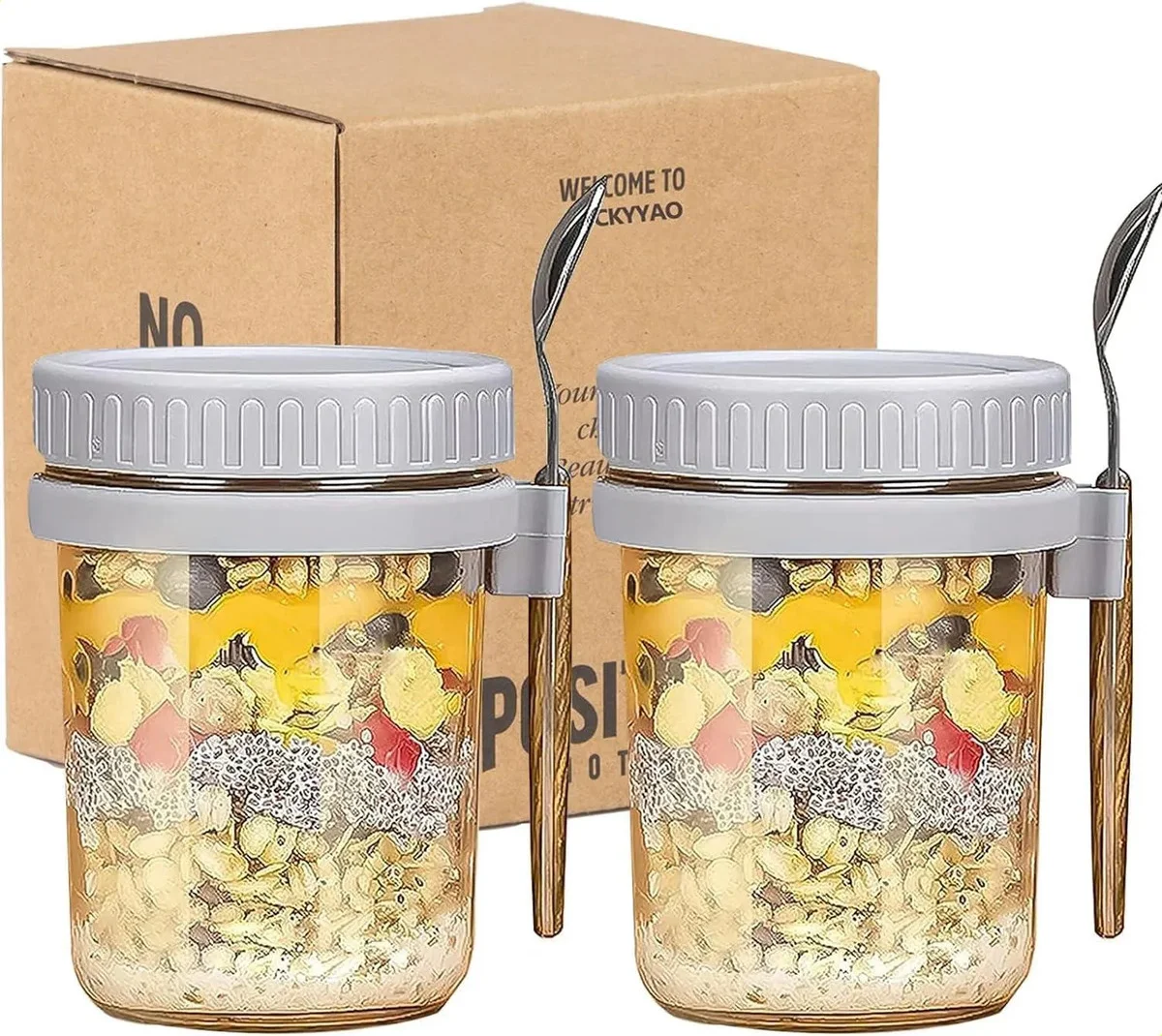 1/2/3/4 Pack Glass Overnight Oat Cup with Lid & Spoon 350ML Portable Breakfast Container for Cereal Milk Salad Yogurt Airtight