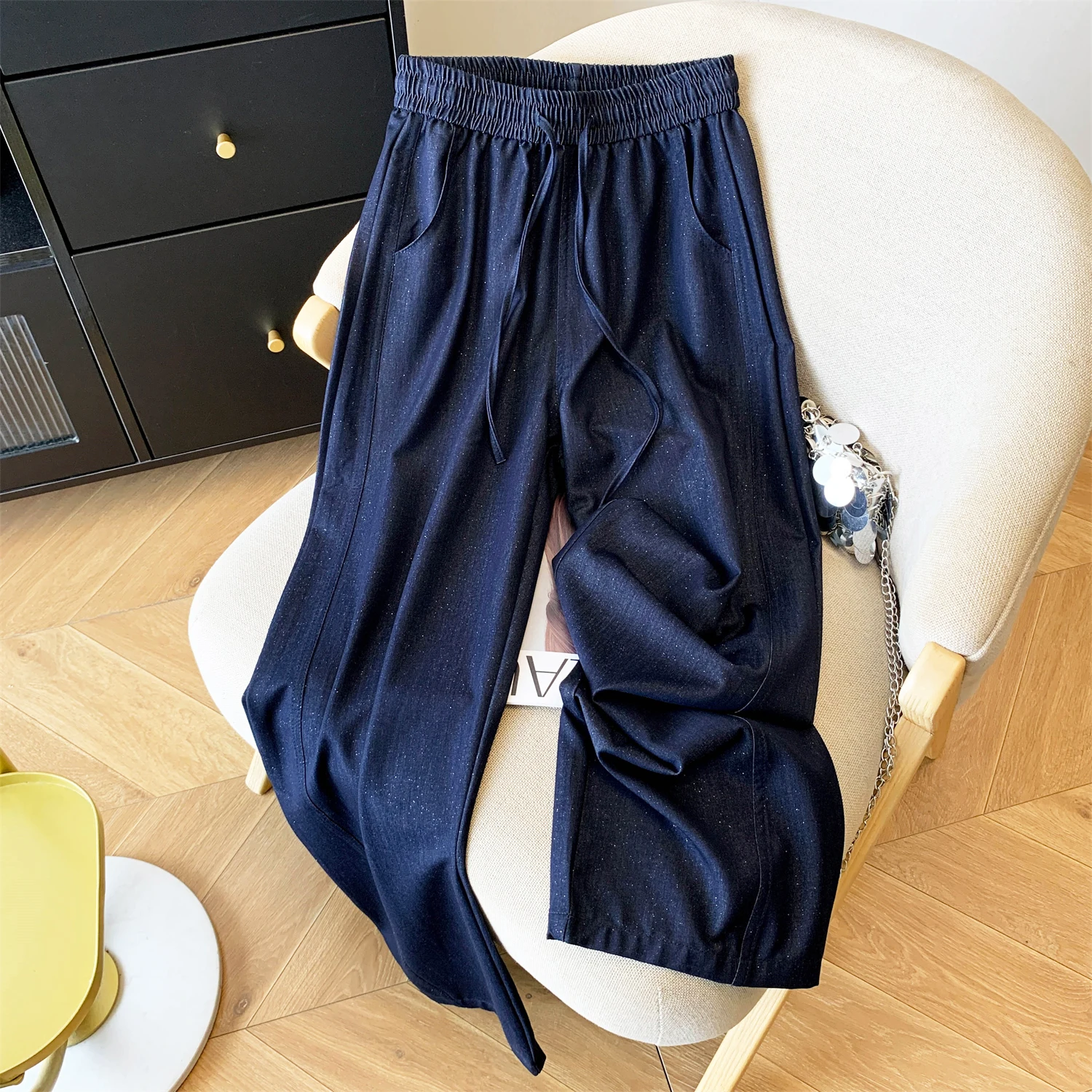 

Casual High Waist Wide Leg Jeans Women Summer Shiny Sparkling Lazy Drapey Versatile Knife Straight Banana Pants