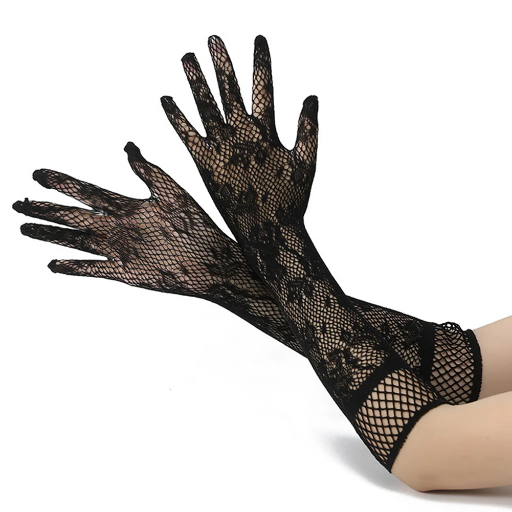 Womens Sexy Fishnet Lace Elastic Gloves Bride Long Sleeves See Through Etiquette Breathable Mesh Hollow Women Secret Clothes