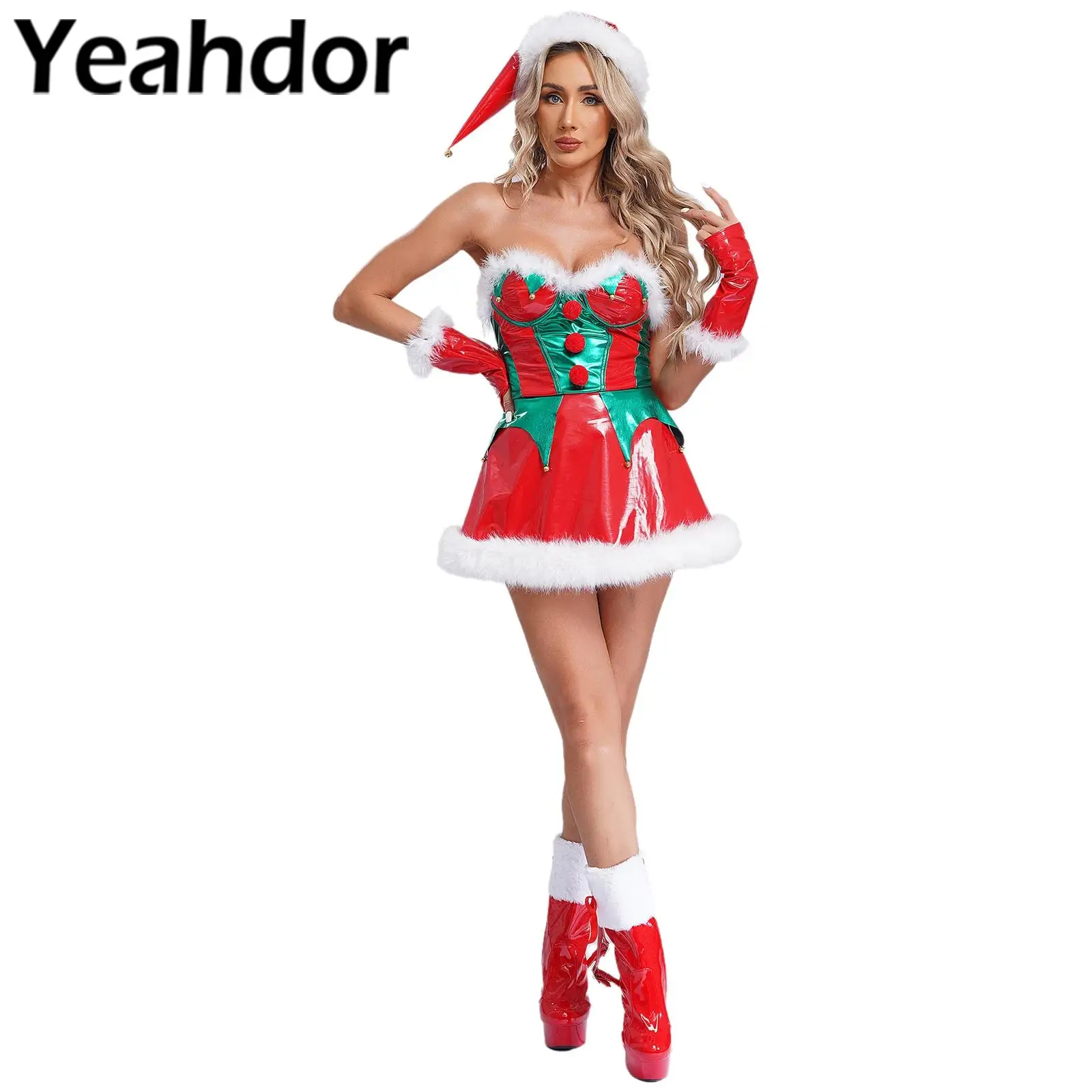 Womens Christmas Dress Santa Elf Costume PU Strapless Dress with Arm Sleeves Hat Sets New Year Xmas Festival Mrs Claus Dress Up