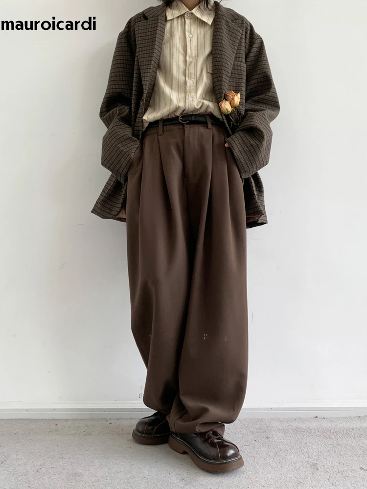 Mauroicardi Spring Coffee Flowy Baggy Wide Leg Pants for Mens Streetwear Unisex Clothing Fashion Loose Casual Soft Trousers 2024