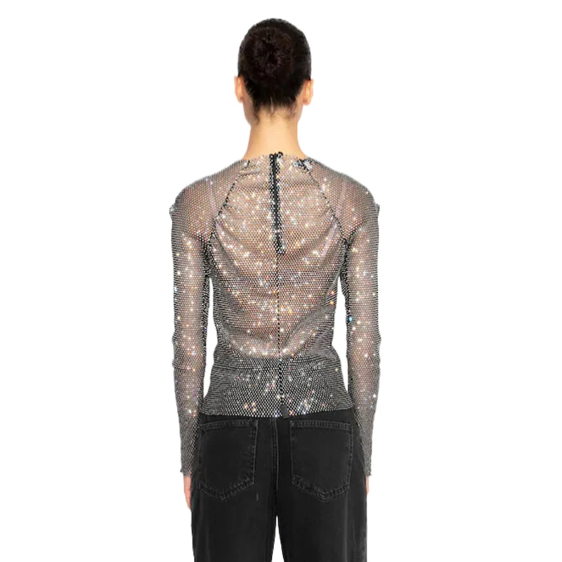 Vintage 2000er Jahre Damenmode Crop Top Netzstoff T-Shirt Glänzende Strass Starlight Durchsichtiges Sexy Oberteil Party Clubwear Top – Detail 4