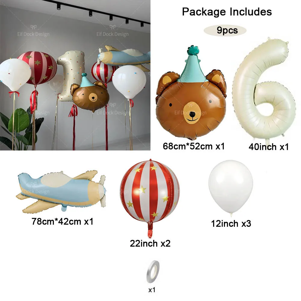 9-teiliges Set Cartoon Matte Flugzeug- und Niedliche Bären-Folienballons mit Roten Streifen und Zahlenballons für Geburtstagsfeiern und Jubiläumsdekorationen – Detail 5