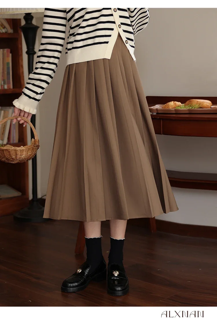 

ALXNAN Retro Brown Pleated Skirt for Woman 2024 Autumn Winter Commuter Solid Simple Office Ladies Midi Skirts Clothes LXN31575