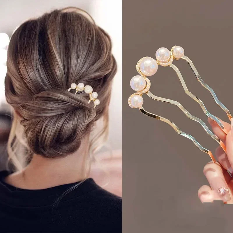 แฟชั่นโลหะ U-Shaped Hair Stick สําหรับหญิงสาวไข่มุกผมคลิป Pins Bun Maker เครื่องมือทรงผมอุปกรณ์เสริมผม