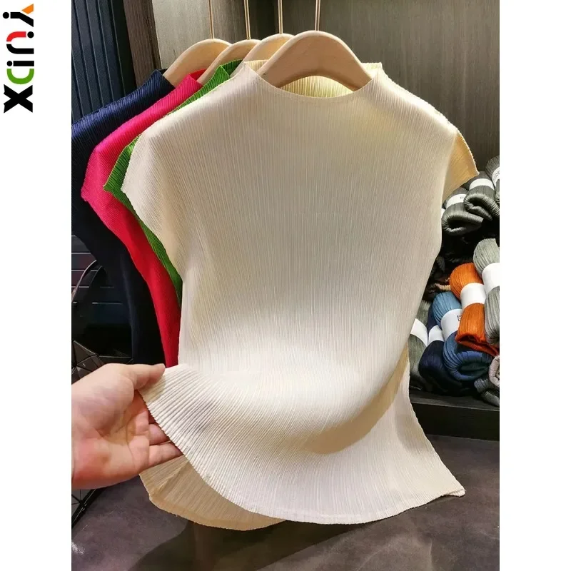 Women Slim Slim Short Sleeve Miyake T-shirt Summer  Miyake Versatile Classic Simple Solid Color Stand Up Collar Pleated Top