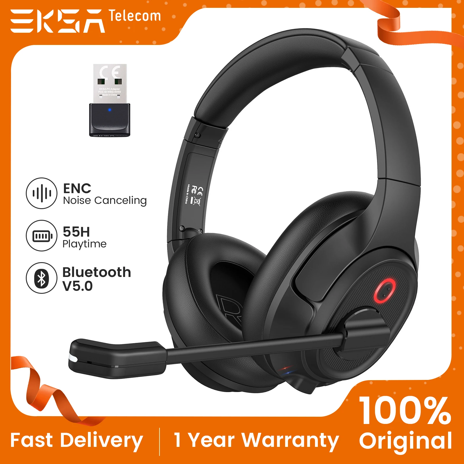 EKSA H6 Wireless Headphones BT5.0 Headset with USB Dongle Call Center Headset with Mic Noise Cancelling Headphones