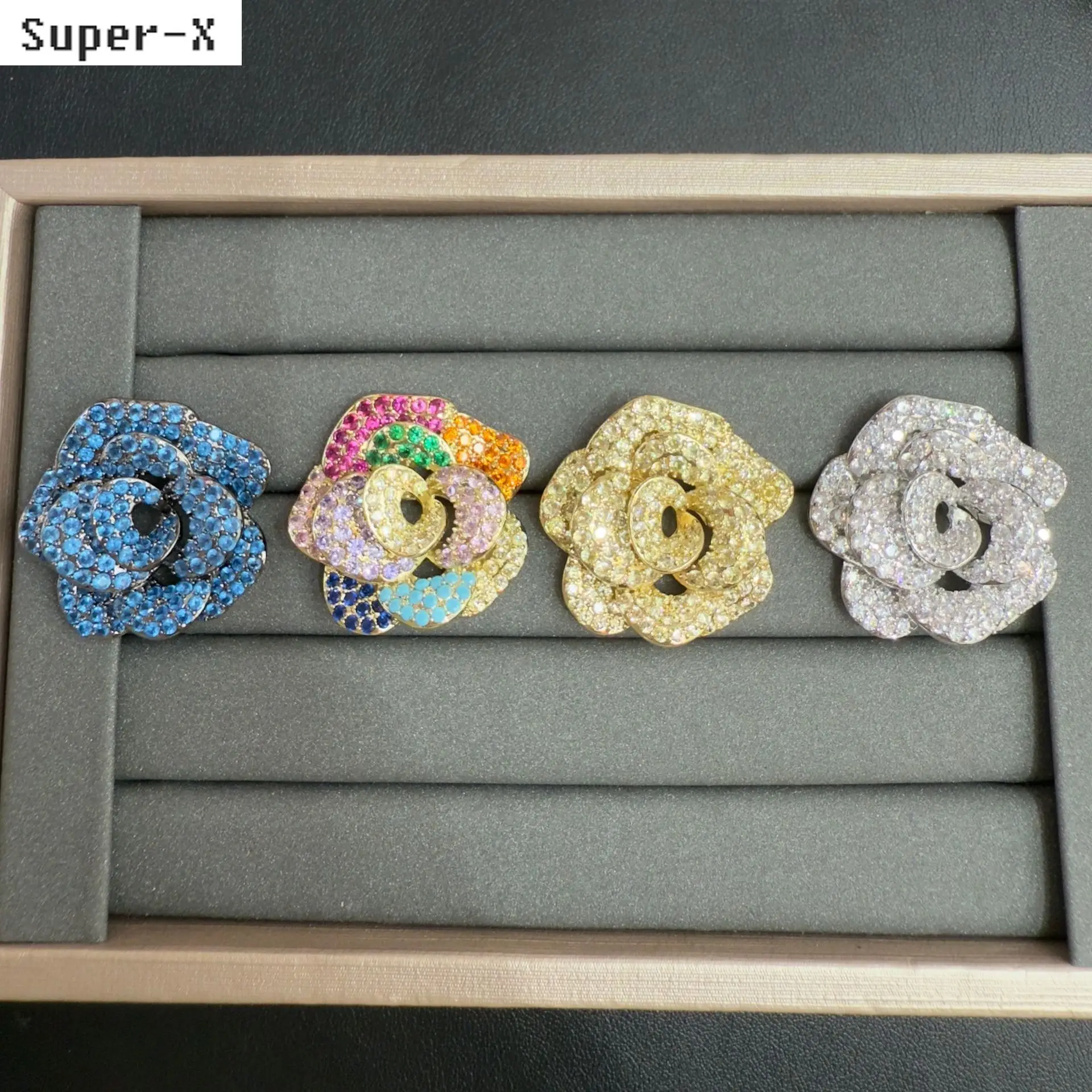 earrings and ring for women jewelry shiny zircon multicolor white yellow blue flower rose stud earrings opening ring party gift