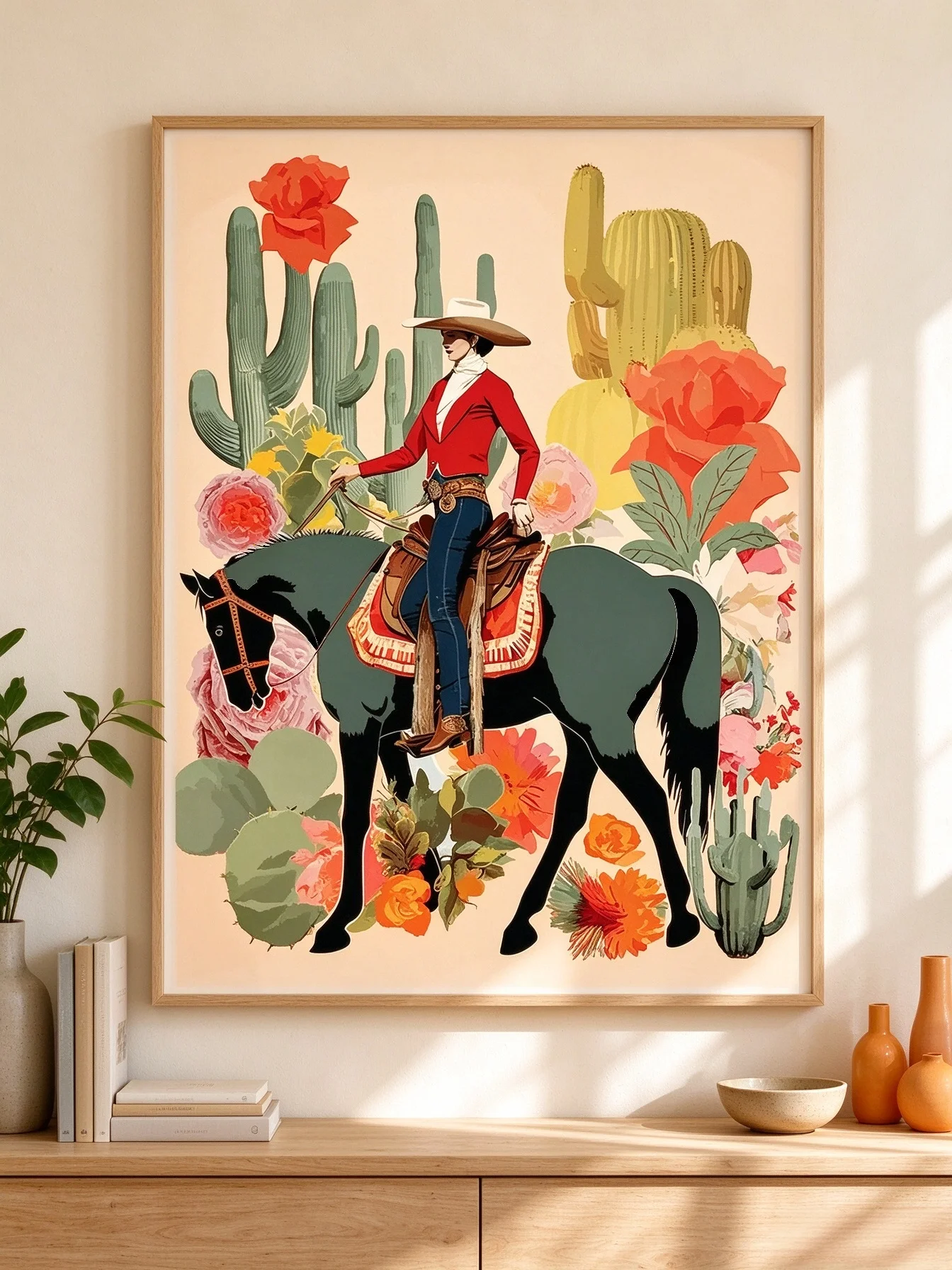 Western Cowgirl Riding Horse Wall Art, Desert Cactus & Vibrant Floral Print, Southwestern Boho Home Decor Poster