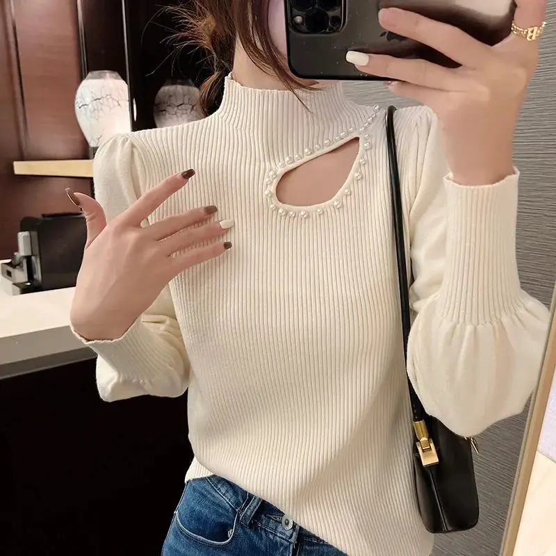 Autumn Winter New Fashion Elegant Women's Half High Collar Hollow Out Rivet Advanced Sense Puff Sleeve Commuter Sweaters Tops