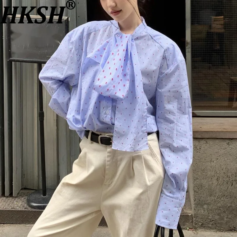 HKSH خريف جديد المرأة قميص ربطة القوس فيونكة طوق واحدة الصدر ملابس منقوشة بكم طويل نمط Preppy شارع العليا شيك بلايز عادية HK11405