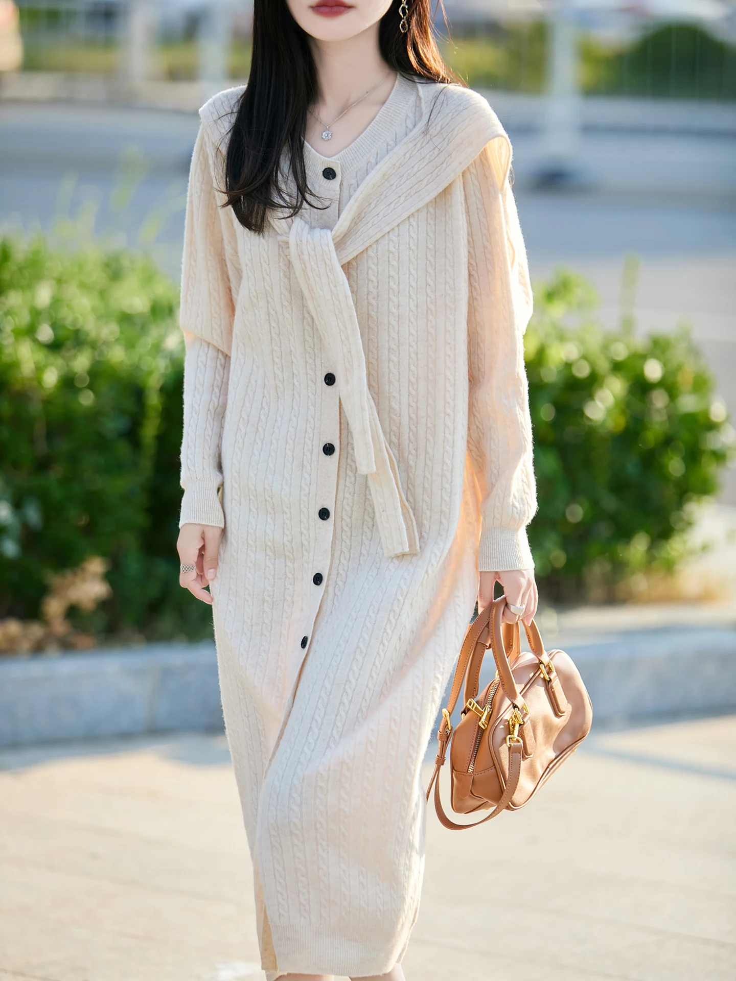 

Autumn Winter Women Sweater Wool Dress V-Neck Cardigan Skirt 100% Merino Wool Knitwear Buttons Style Cashmere Chic Loose Skirt