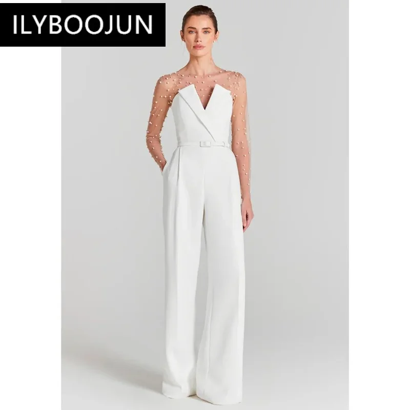 Women Summer Luxury Sexy Long Sleeve Pearl White Bodycon Set Jumpsuit 2024 Celebrity Designer High Street Rompers