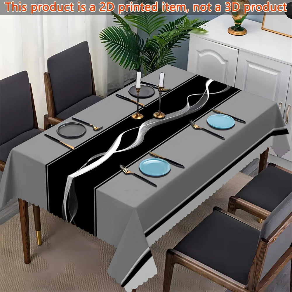 One modern black and white geometric line printed fan-shaped edged rectangular tablecloth, made of polyester fabric.