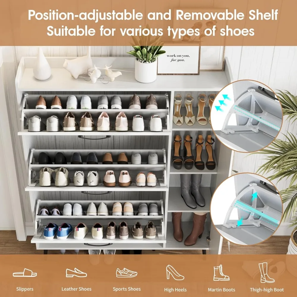 "خزانة أحذية ذات 3 أدراج مع مرآة وتخزين مخفي، وخزانة تخزين أحذية خشبية مكونة من 5 أرجل، ورف أحذية نحيف مع رف"