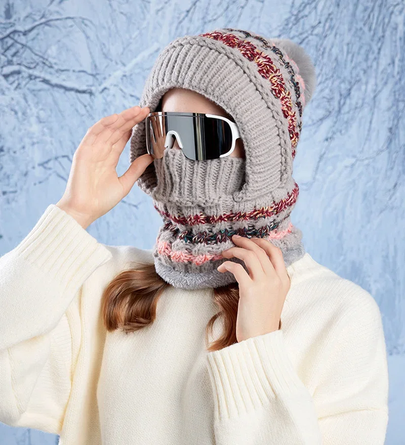 قبعة بالاكلافا النسائية القطيفة المحبوكة وشاح للرقبة شتوي دافئ مسامي مع قناع وجه للرياضات الخارجية #4