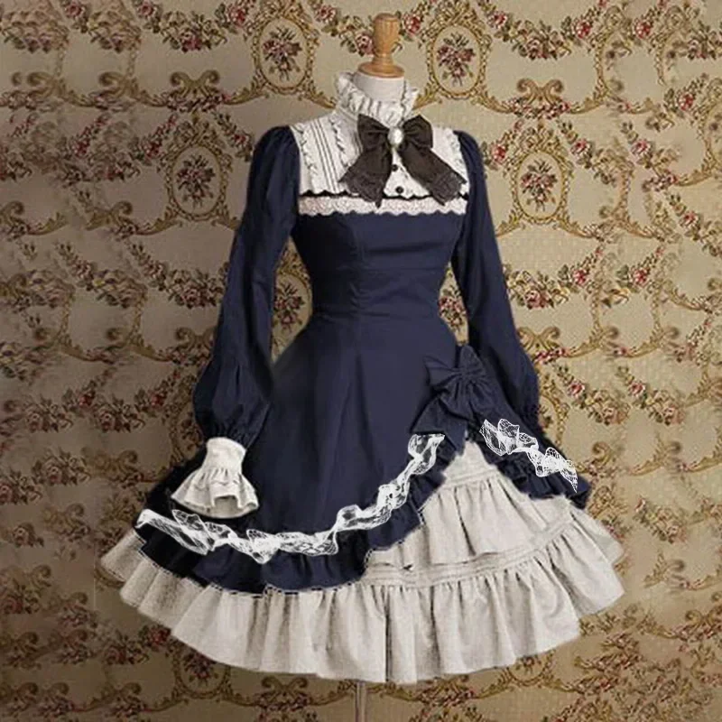 Palace vintage sweet lolita dress high collar flare sleeve bowknot lace victorian kawaii girl gothic lolita op loli cos dresses