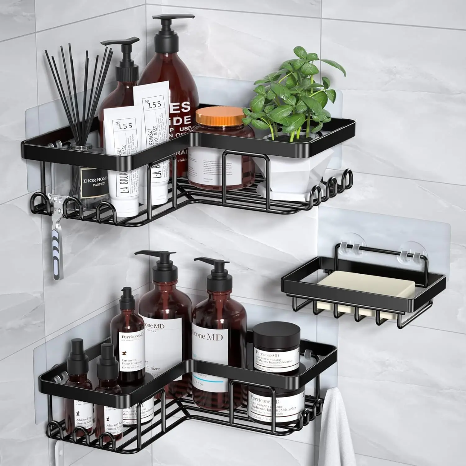 

Black bathroom storage rack without punching bathroom triangle storage rack wall mounted shampoo and washbasin storage supplies