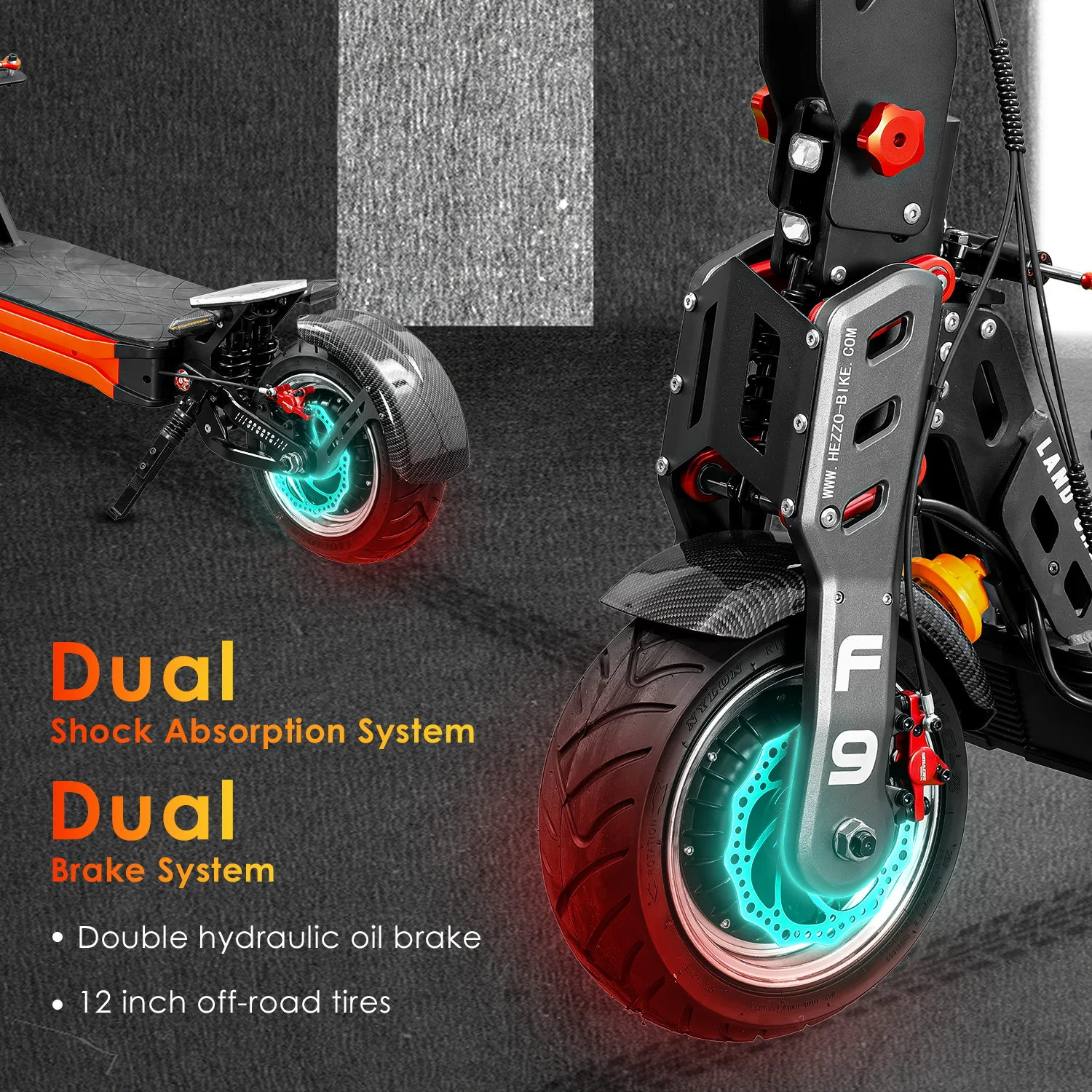 HEZZO 60V 8000W 62.5MPH Scooter Eléctrico todoterreno 40AH 63 millas con varilla de amortiguación NFC 12 "neumático gordo motores duales montaña Cross E-bike