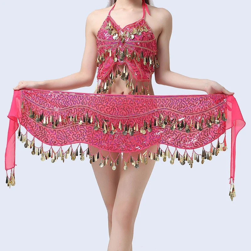 8 Colors Sexy Chiffon Belly Dancing Belt Festival Wrap Hip Scarves Sequins Coins Bollywood Dance Costumes