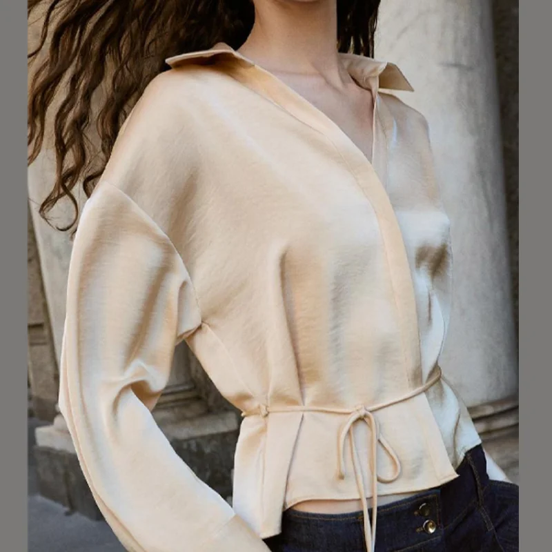 Zaza Slim Waist Satin Shirt Lapel Long Sleeve Lace Up Top Solid Vintage Blouse Commuter Office Tops 2025 New Lady Fashion Tops