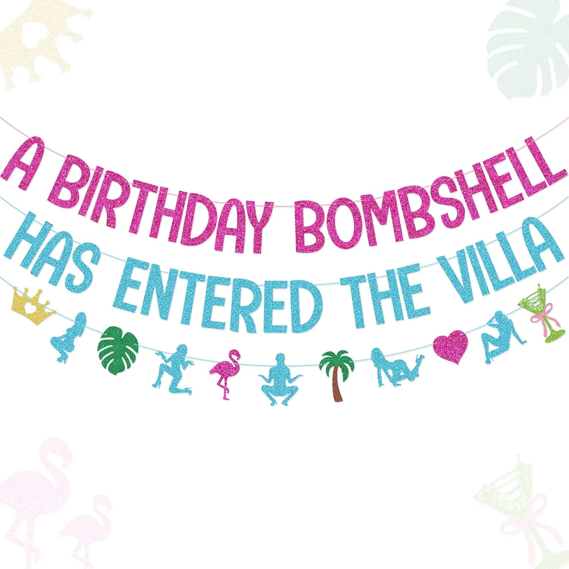 Un gran evento de cumpleaños ha llegado a la villa: Pancarta de purpurina, guirnalda de purpurina rosa y azul con flamencos tropicales y hojas de palma, Amor