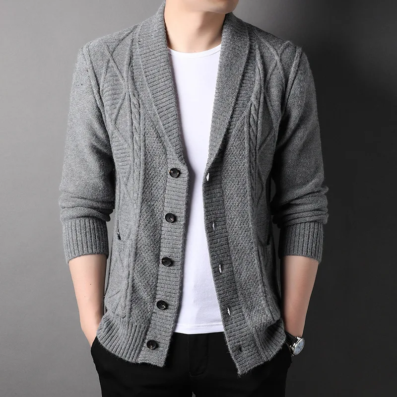 

2023 New British Style Men's Knitted Cardigan Coat Thickened V-neck Gray Sweater with Long Sleeves, Casual Knitwear, Size M-4XL