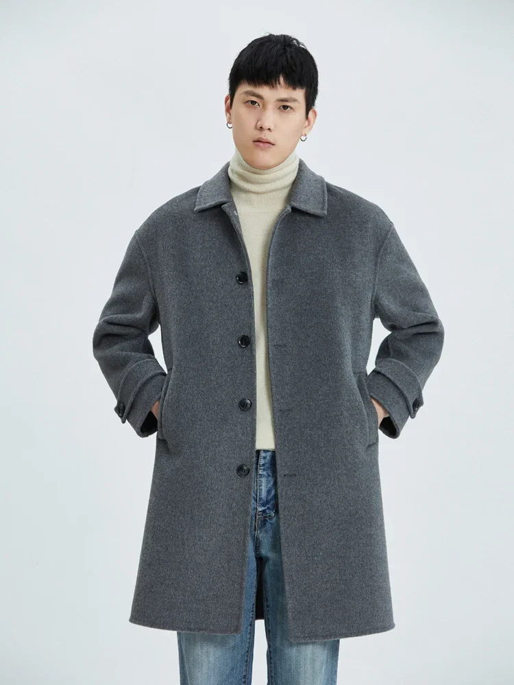 Winter New Men\'s Long-Cut Coat 100% Pure Wool Polo Collar Buckle Coat Trendy Men\'s Jacket Top Thick and Comfortable All-Matching