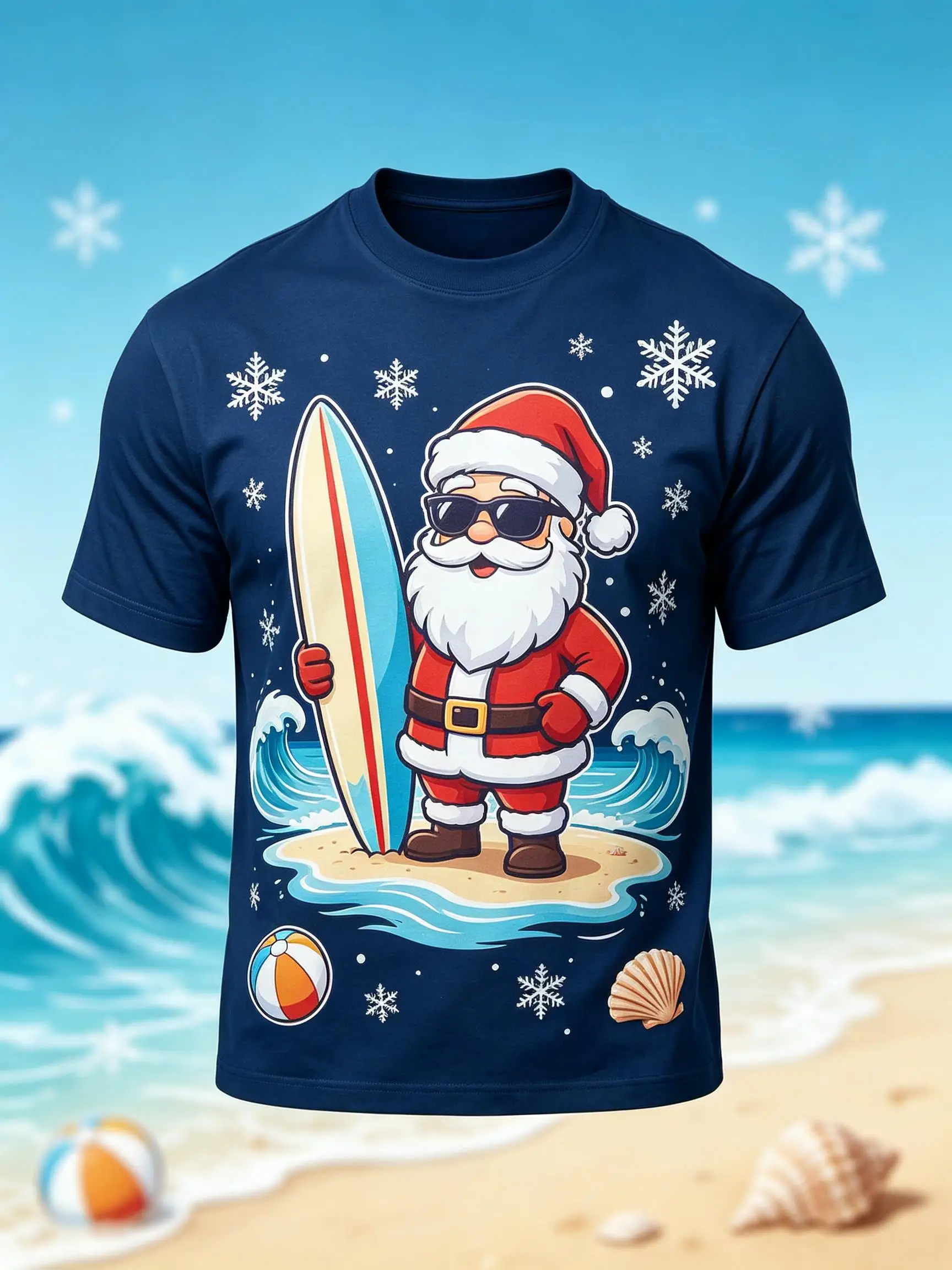 Summer Christmas Men T Shirt Santa With Surfboard Ocean Wave Snowflake Graphic Casual Short Sleeve Top