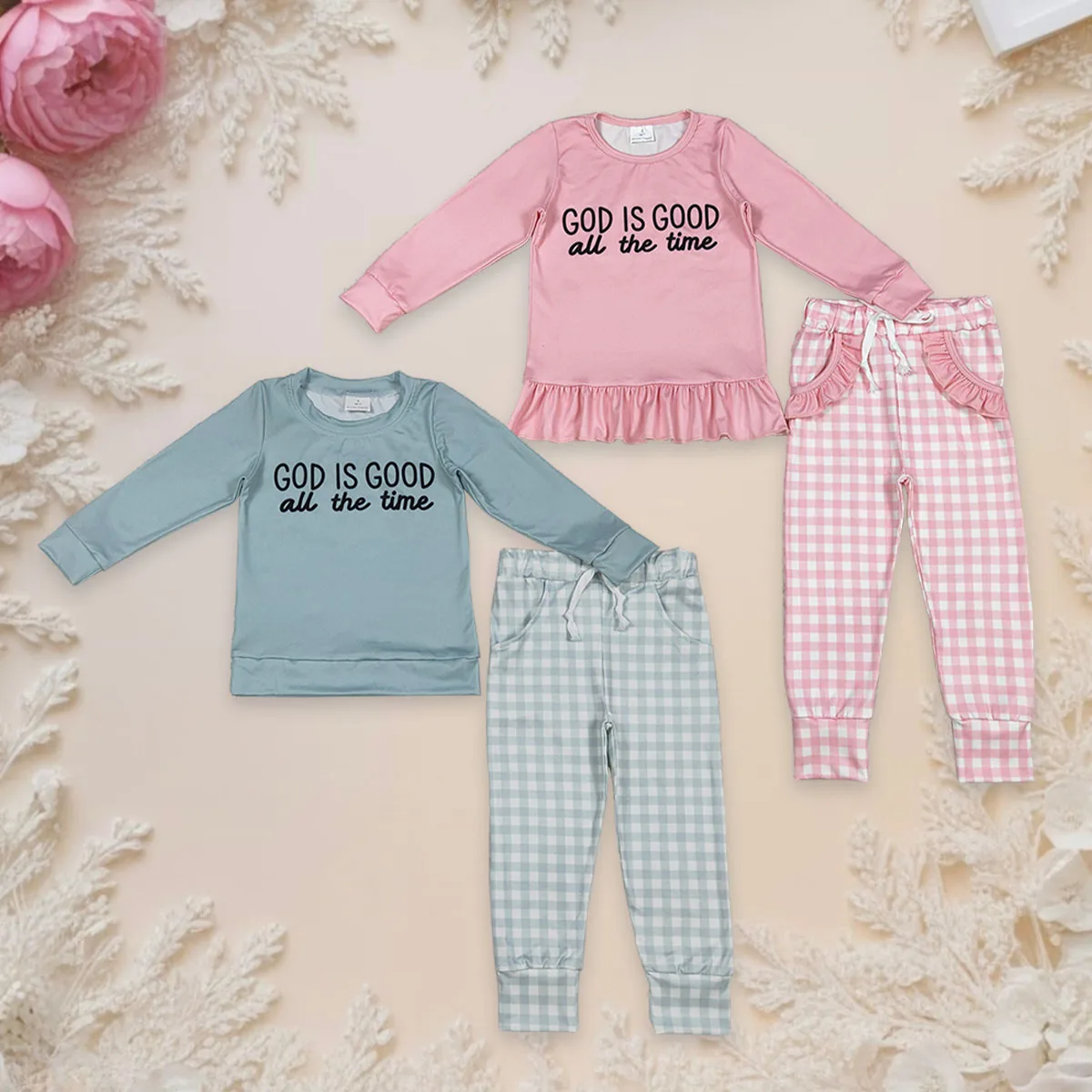 

Toddler Baby Boy Girl Long Sleeves God is Good Shirts Kids Set Plaid Pocket Pants Clothes Outfit Children Clothing Wholesale